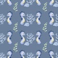 Cute Sea horse Seamless Pattern on blue-gray background illustration Royalty Free Stock Photo